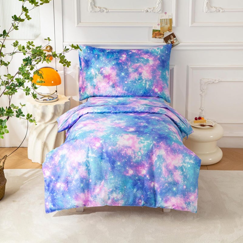 SDIII 4 Piece Colorful Space Toddler Bedding Set, Soft Microfiber Galaxy Toddler Bed Bedding with Comforter, Fitted Sheet, Flat Sheet and Pillowcase - Image 1